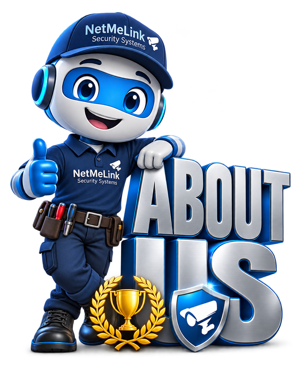 Friendly NetMeLink mascot with ABOUT US lettering